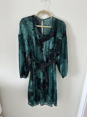 Calvin Klein Teal and Black Floral Long Sleeve Dress with Tie Waist